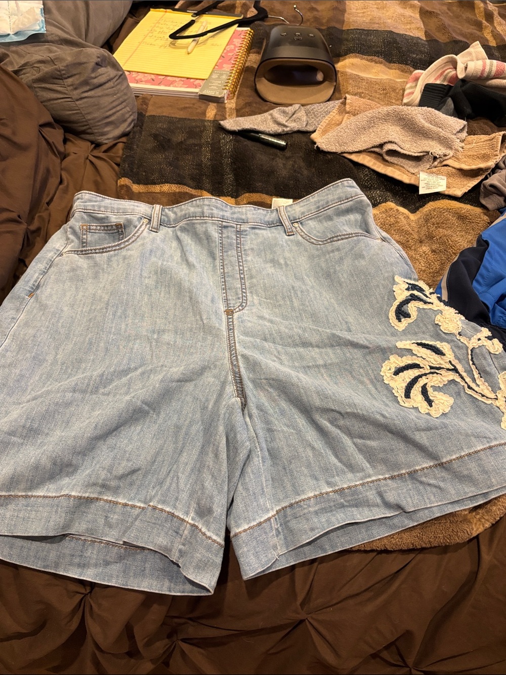 Chico's Light Blue Denim Shorts with Cream Embroidery
